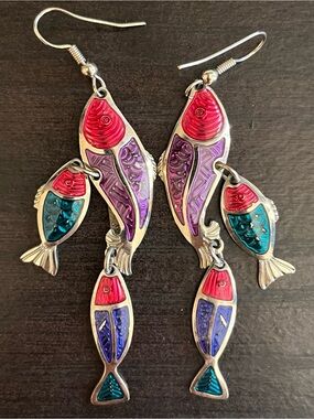 Colorful Fish Dangle Earrings - Pink, Purple & Teal
